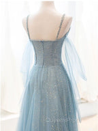 Gray Blue V Neck Tulle Sequin Long Evening Prom Dress, Blue Evening Dress