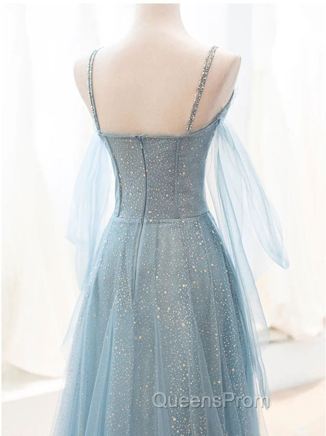 Gray Blue V Neck Tulle Sequin Long Evening Prom Dress, Blue Evening Dress