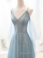Gray Blue V Neck Tulle Sequin Long Evening Prom Dress, Blue Evening Dress