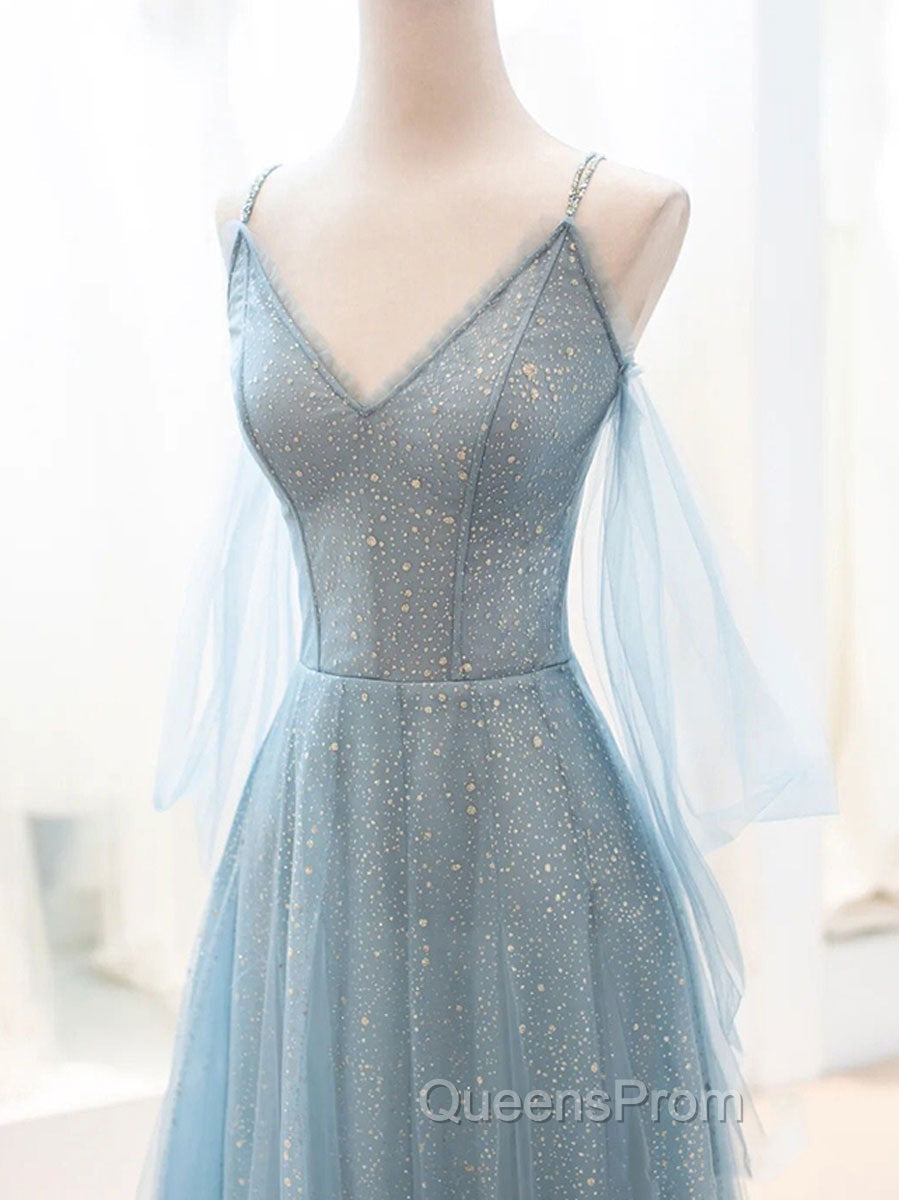 Gray Blue V Neck Tulle Sequin Long Evening Prom Dress, Blue Evening Dress
