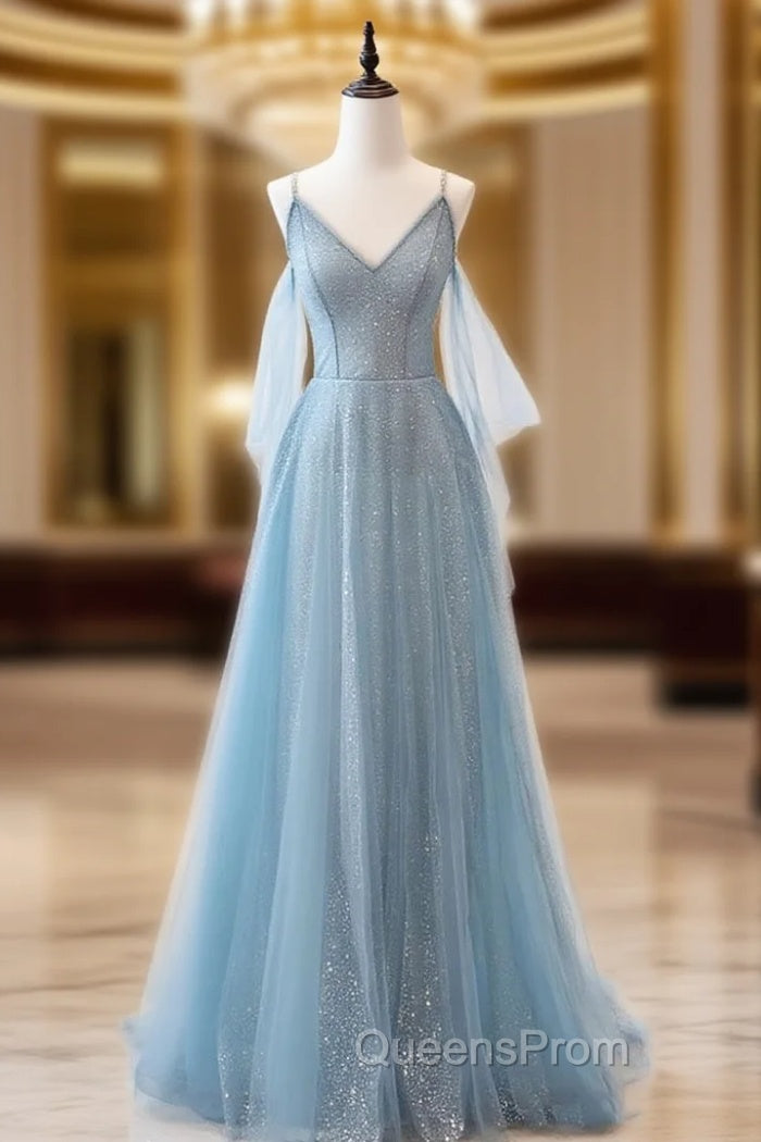 Gray Blue V Neck Tulle Sequin Long Evening Prom Dress, Blue Evening Dress