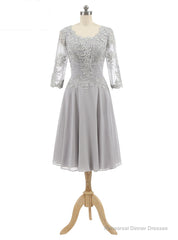 Gray Chiffon Appliques 3/4 Sleeve Knee Length Mother of The Bride Dress