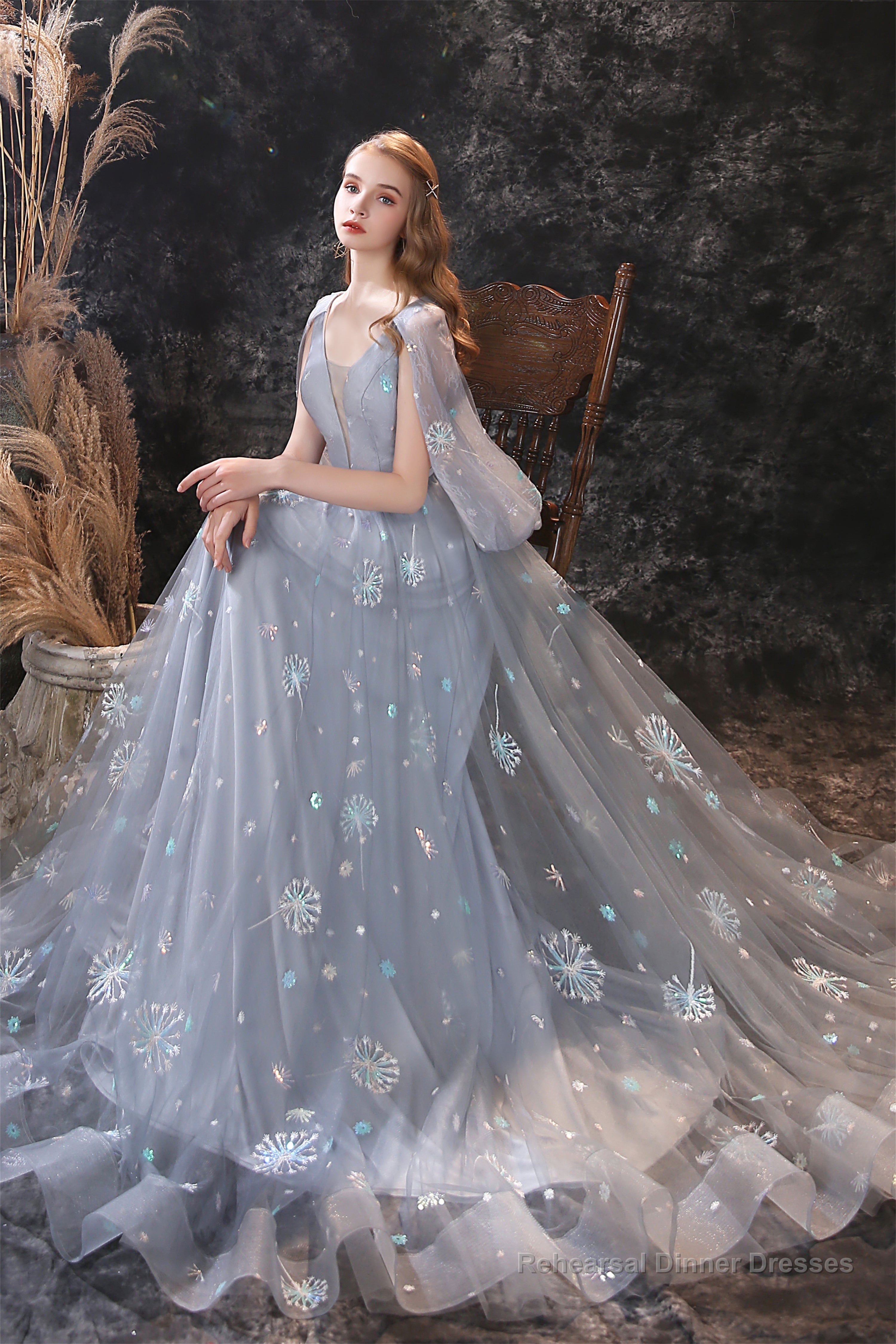 Gray Dandelion Lace V-neck Beading Back Prom Dresses Main image
