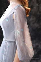 Gray Dandelion Lace V-neck Beading Back Prom Dresses