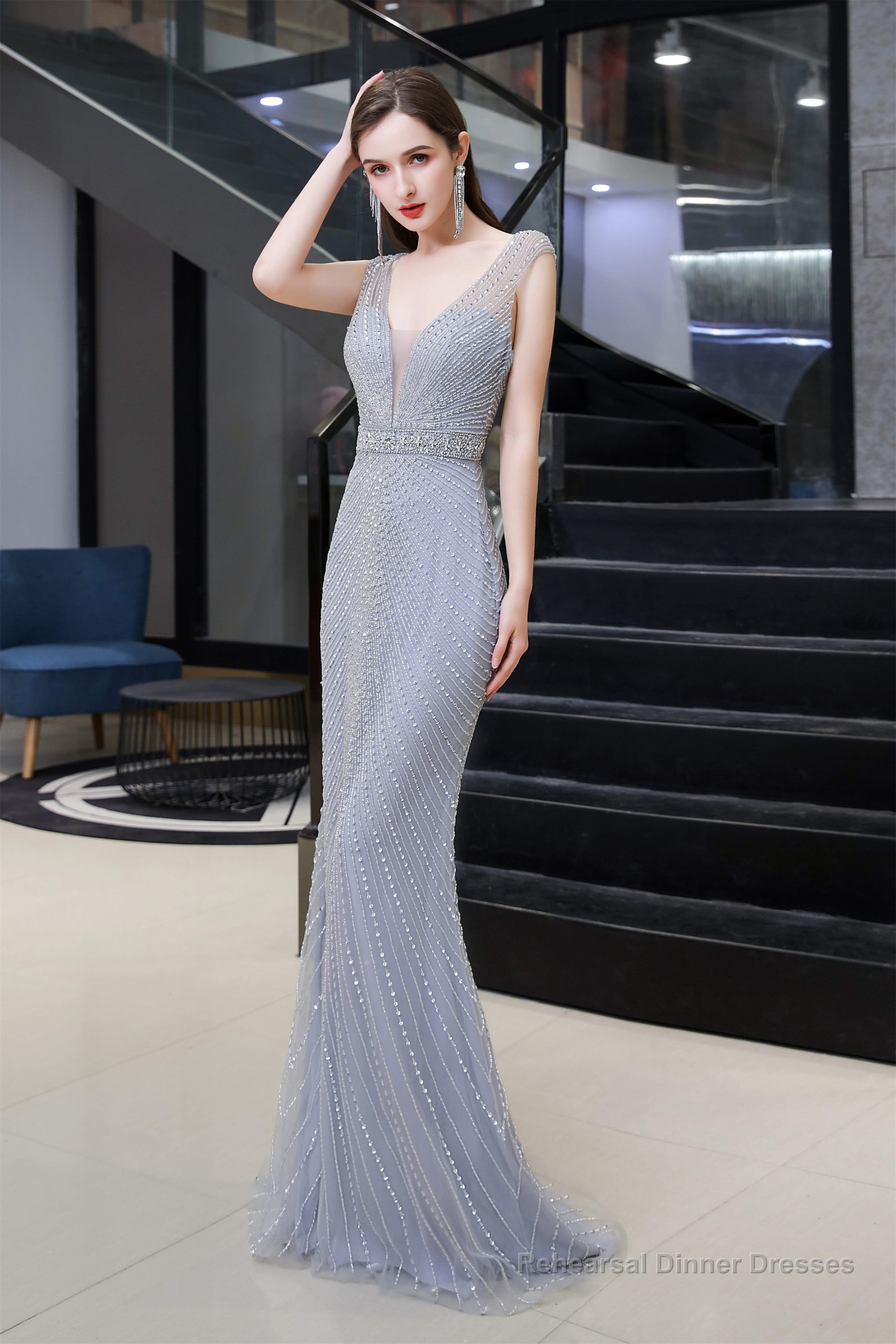 Deep V neck Backless Full of Bead Sequined Mermaid Long Prom Dresses