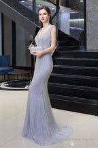 Deep V neck Backless Full of Bead Sequined Mermaid Long Prom Dresses