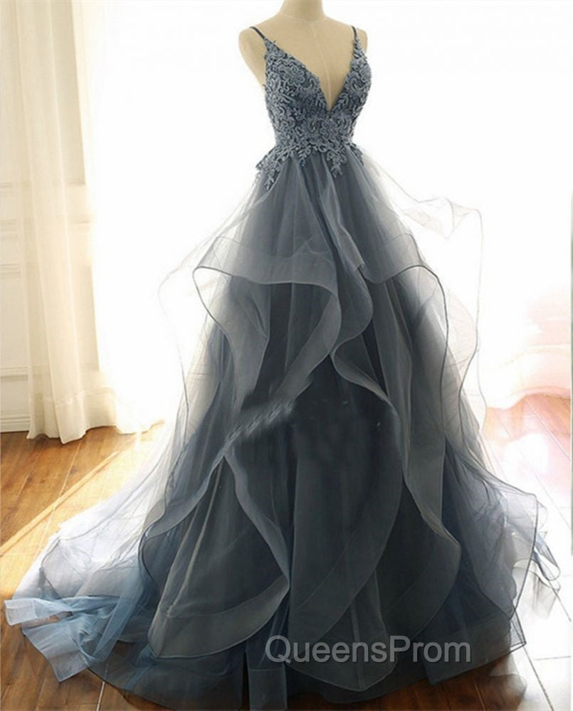 Gray Evening Dress Tulle V-neck Ruffles Long Spaghetti Lace Beading Evening Prom Party Gowns Secondary image