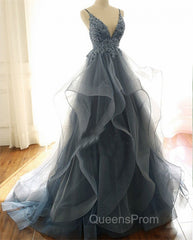 Gray Evening Dress Tulle V-neck Ruffles Long Spaghetti Lace Beading Evening Prom Party Gowns