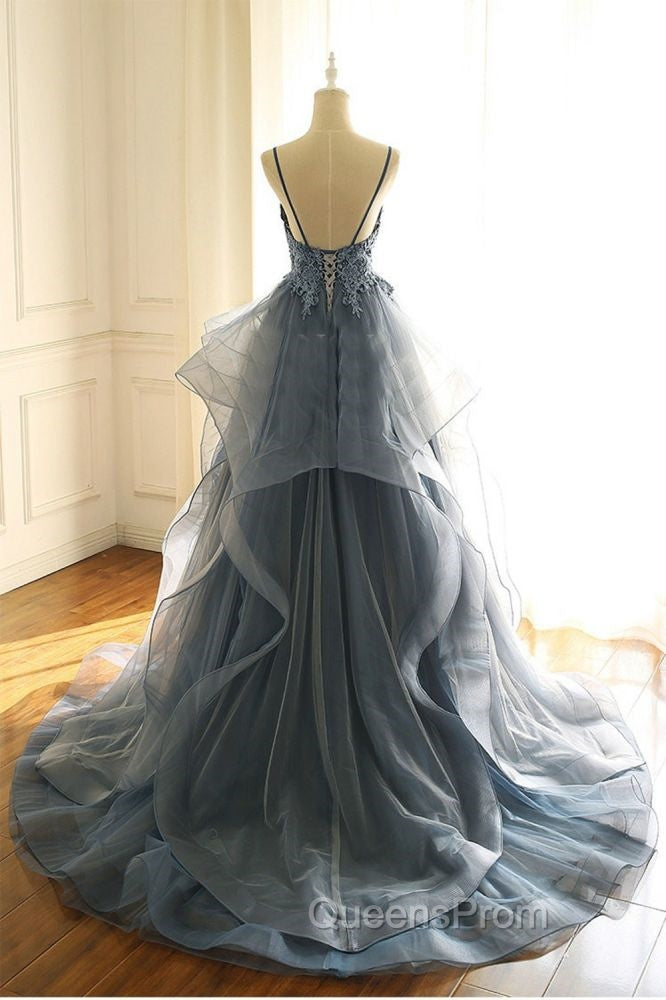 Gray Evening Dress Tulle V-neck Ruffles Long Spaghetti Lace Beading Evening Prom Party Gowns