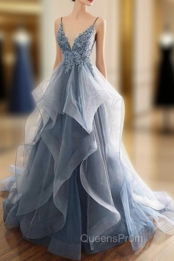 Gray Evening Dress Tulle V-neck Ruffles Long Spaghetti Lace Beading Evening Prom Party Gowns Main image