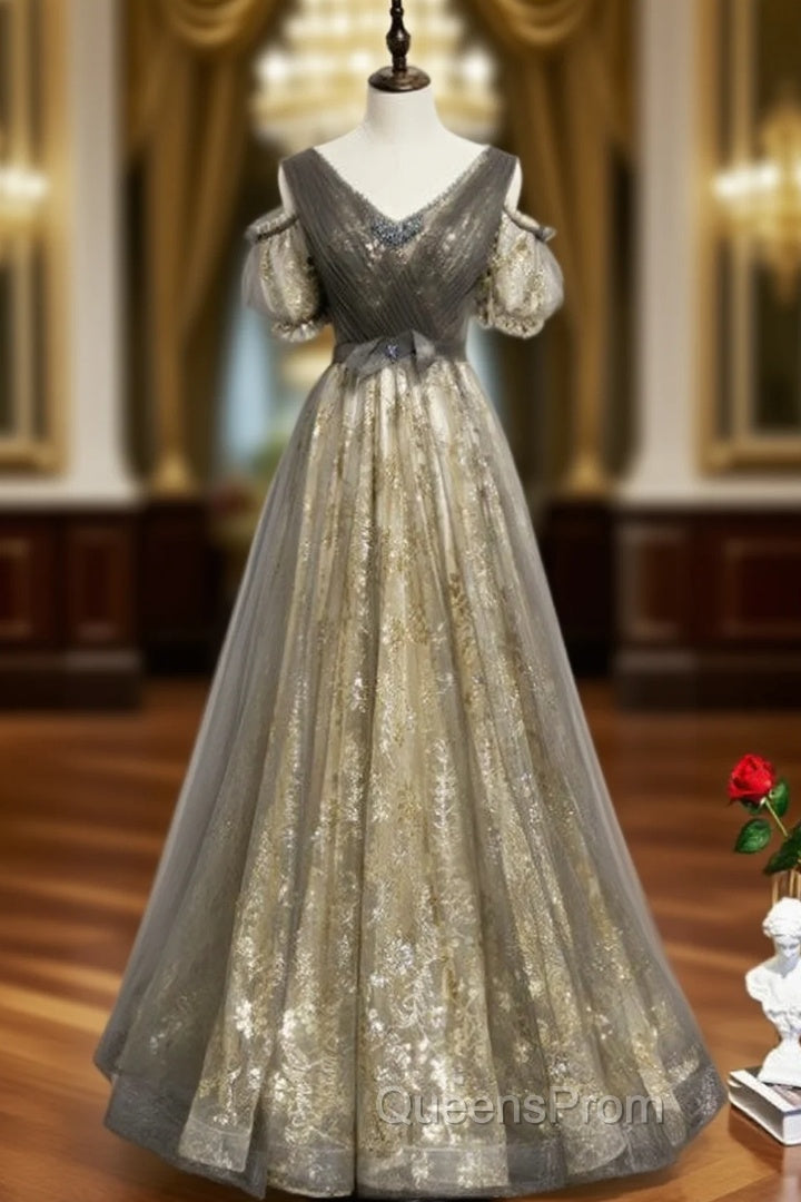 Gray Gold Tulle Sequins V-neck Short Sleeve Pleats Evening Prom Dress Main image