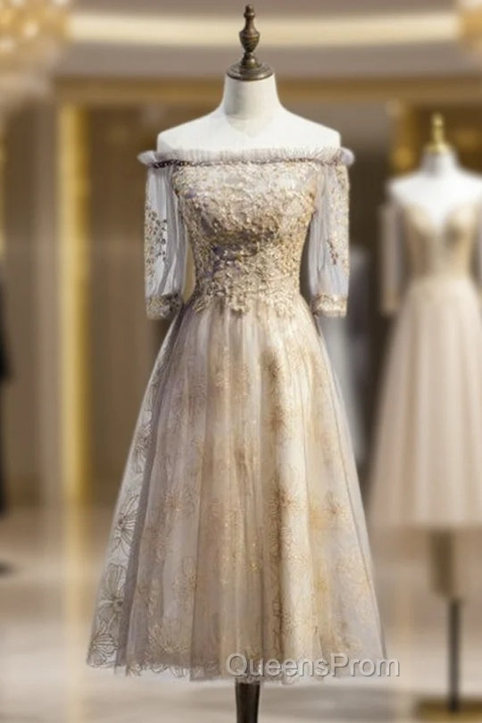 Gray Gold Tulle Short Sleeve Off the Shoulder Evening Prom Dress Main image