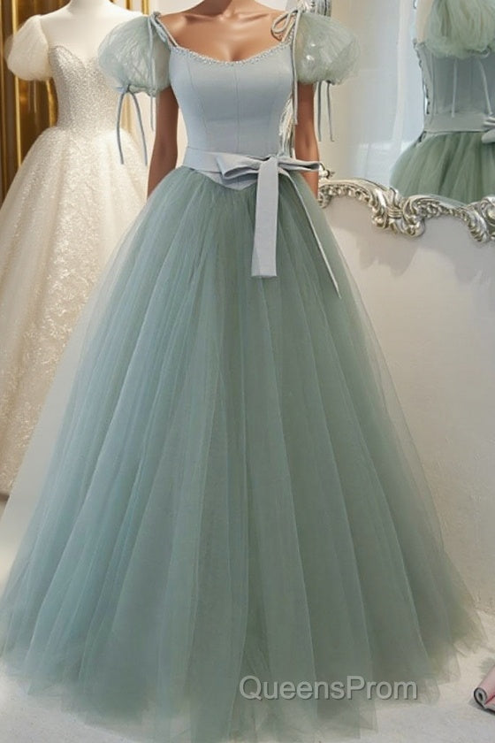 Gray Green A-Line Tulle Long Evening Prom Dress, Gray Green Formal Dress Main image