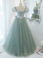 Gray Green A-Line Tulle Long Evening Prom Dress, Gray Green Formal Dress