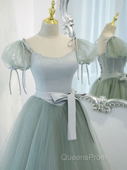 Gray Green A-Line Tulle Long Evening Prom Dress, Gray Green Formal Dress