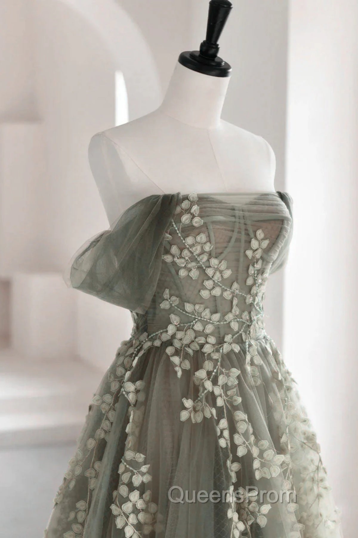 Gray Green Off The Shoulder Tulle Evening Prom Dress With Appliques Secondary image