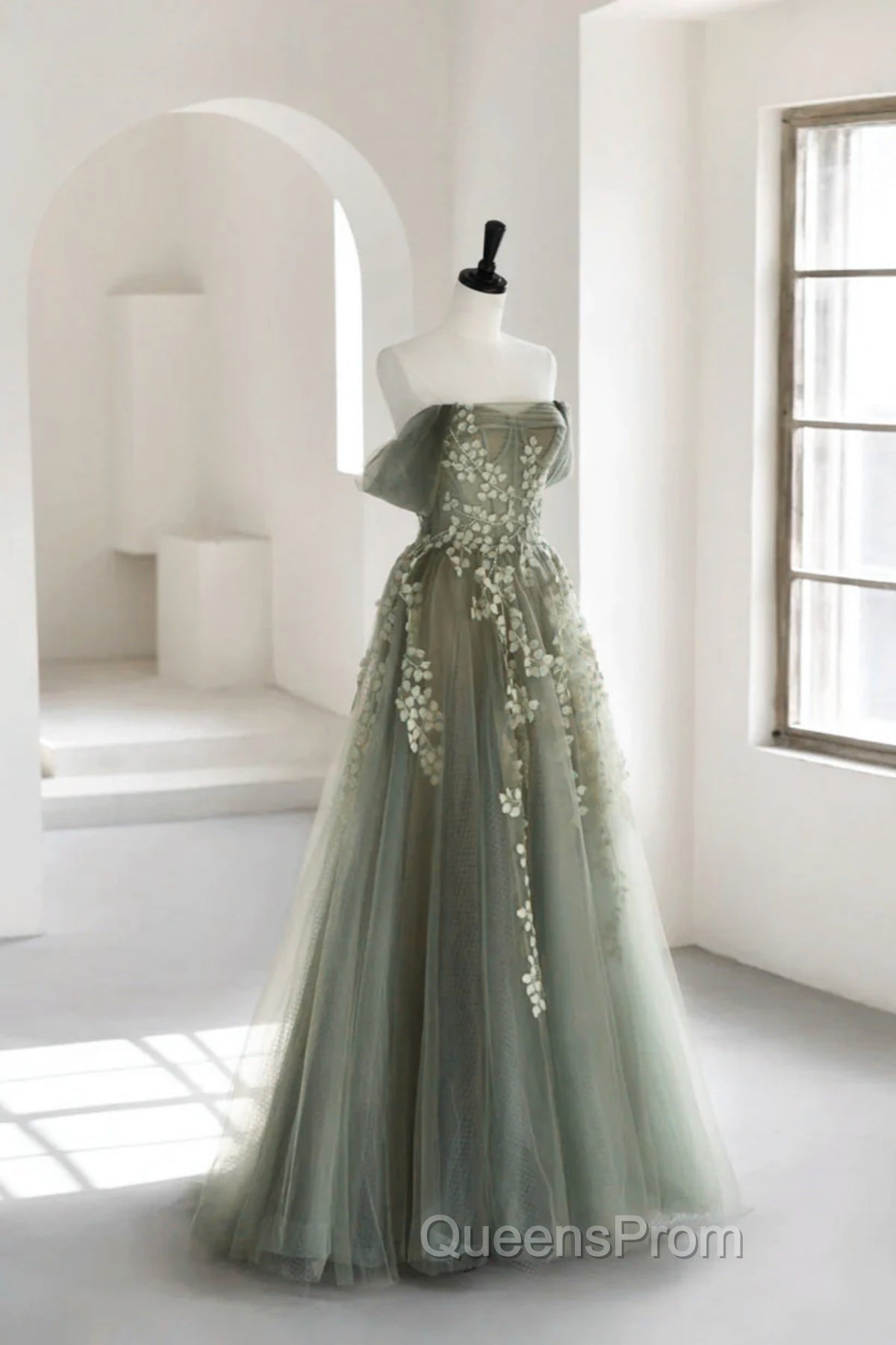 Gray Green Off The Shoulder Tulle Evening Prom Dress With Appliques