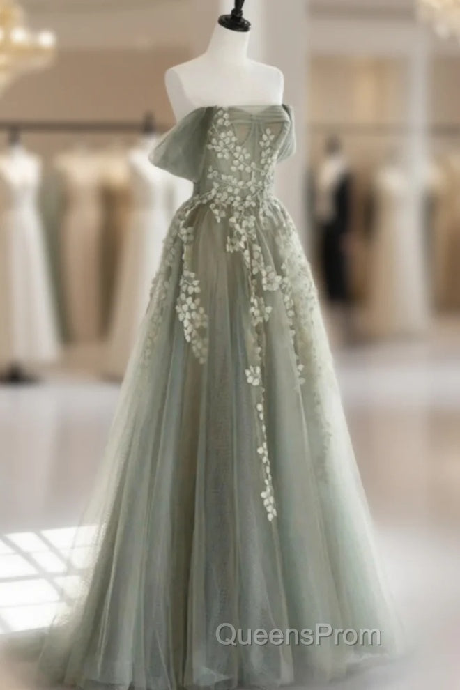 Gray Green Off The Shoulder Tulle Evening Prom Dress With Appliques Main image