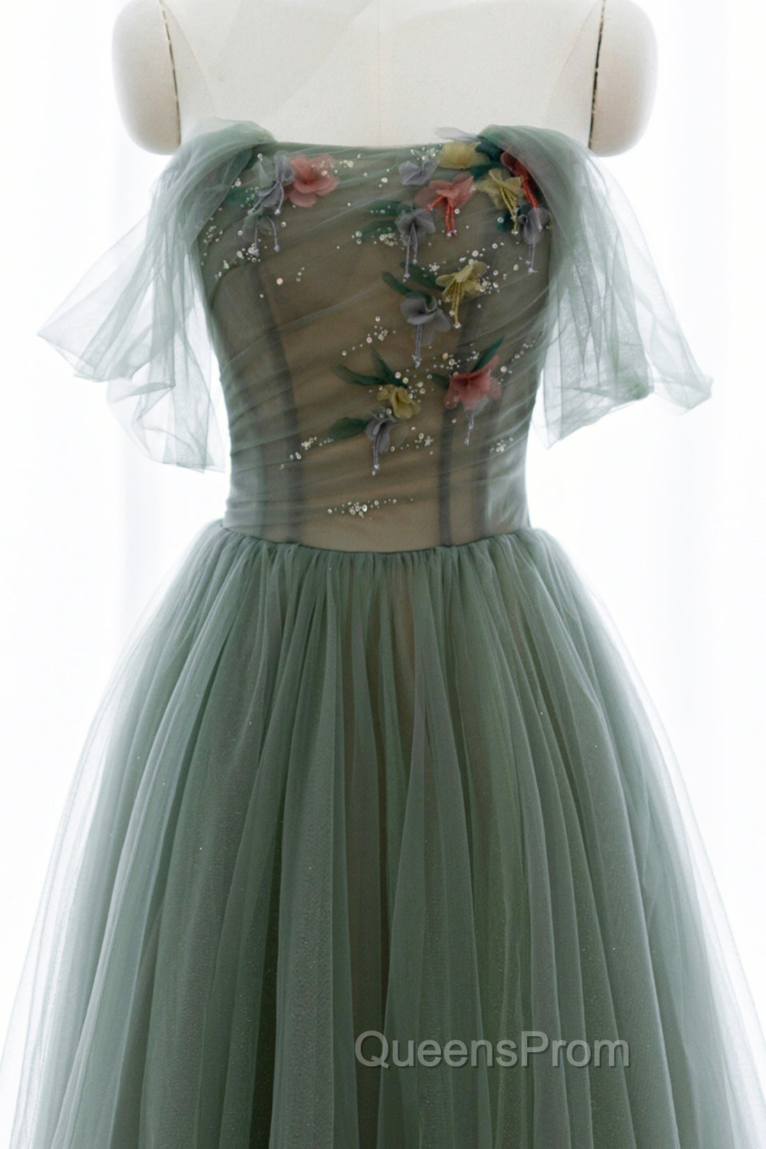 Gray Green Tulle Beaded Long Evening Prom Dress, A-Line Evening Dress Secondary image