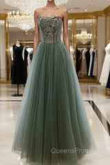 Gray Green Tulle Beaded Long Evening Prom Dress, A-Line Evening Dress