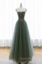 Gray Green Tulle Beaded Long Evening Prom Dress, A-Line Evening Dress