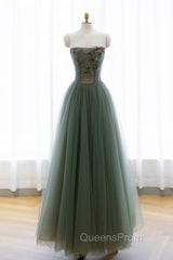 Gray Green Tulle Beaded Long Evening Prom Dress, A-Line Evening Dress