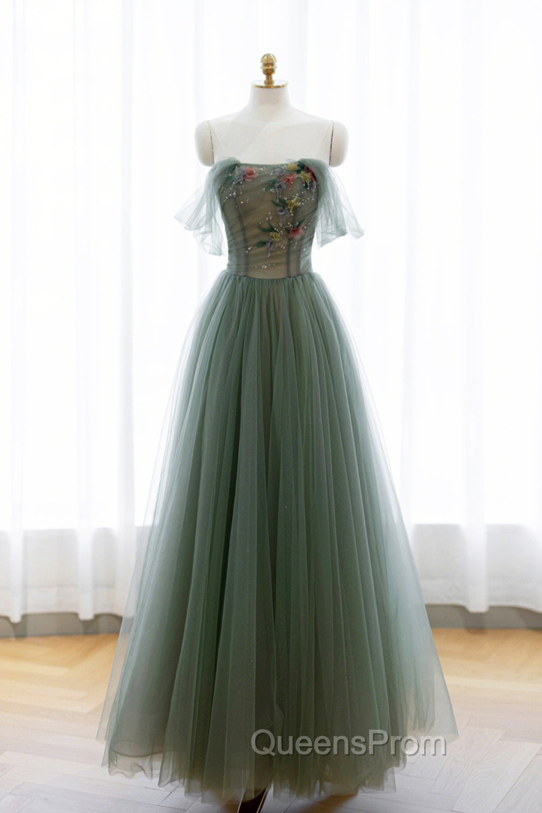 Gray Green Tulle Beaded Long Evening Prom Dress, A-Line Evening Dress Main image