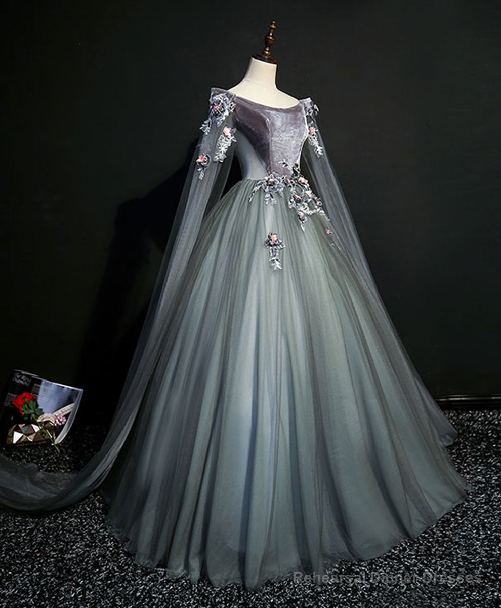 Gray Green Tulle Lace Long Prom Dress Gray Tulle Formal Dress Main image