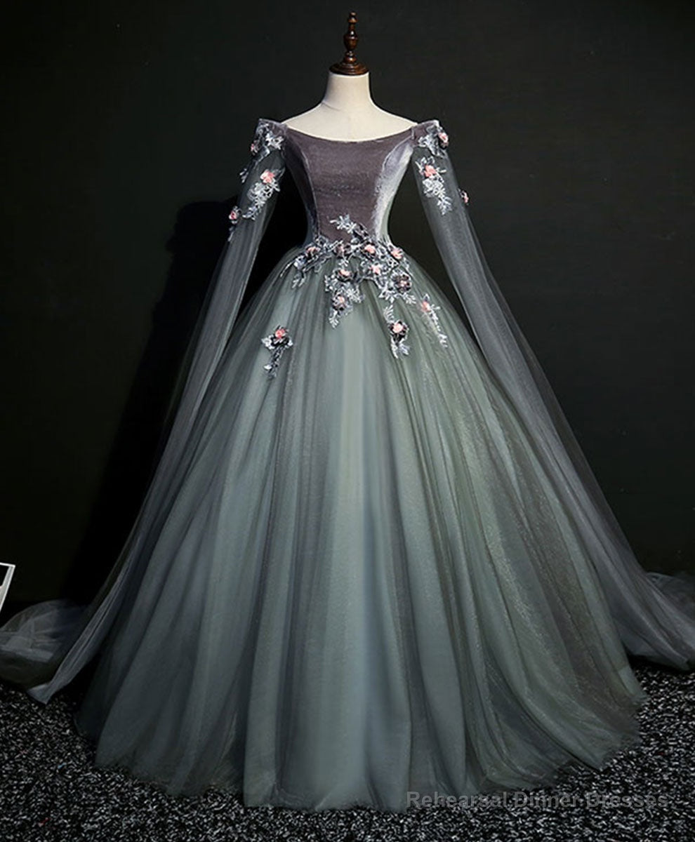 Gray Green Tulle Lace Long Prom Dress Gray Tulle Formal Dress