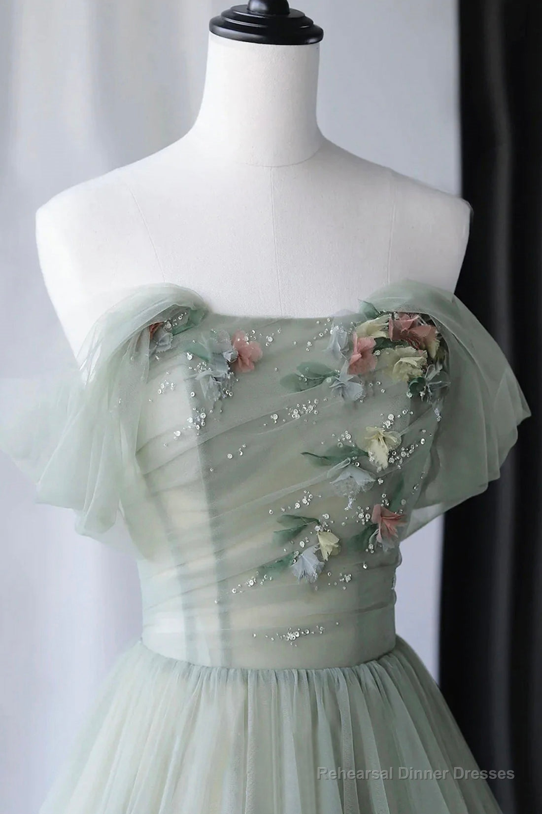 Gray Green Tulle Long Prom Dress, Lovely Off Shoulder A-Line Evening Dress Secondary image