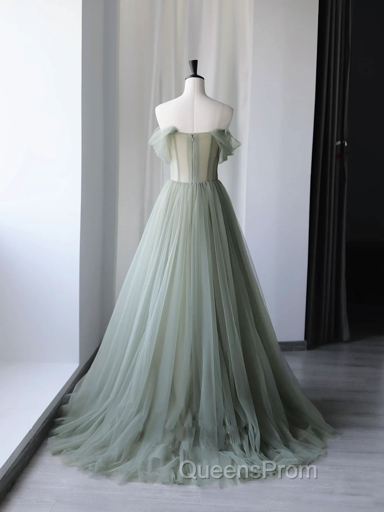 Gray Green Tulle Off Shoulder Long Evening Prom Dress, Gray Green Evening Graduation Dress Secondary image
