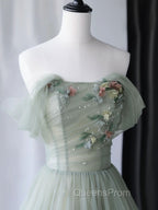 Gray Green Tulle Off Shoulder Long Evening Prom Dress, Gray Green Evening Graduation Dress