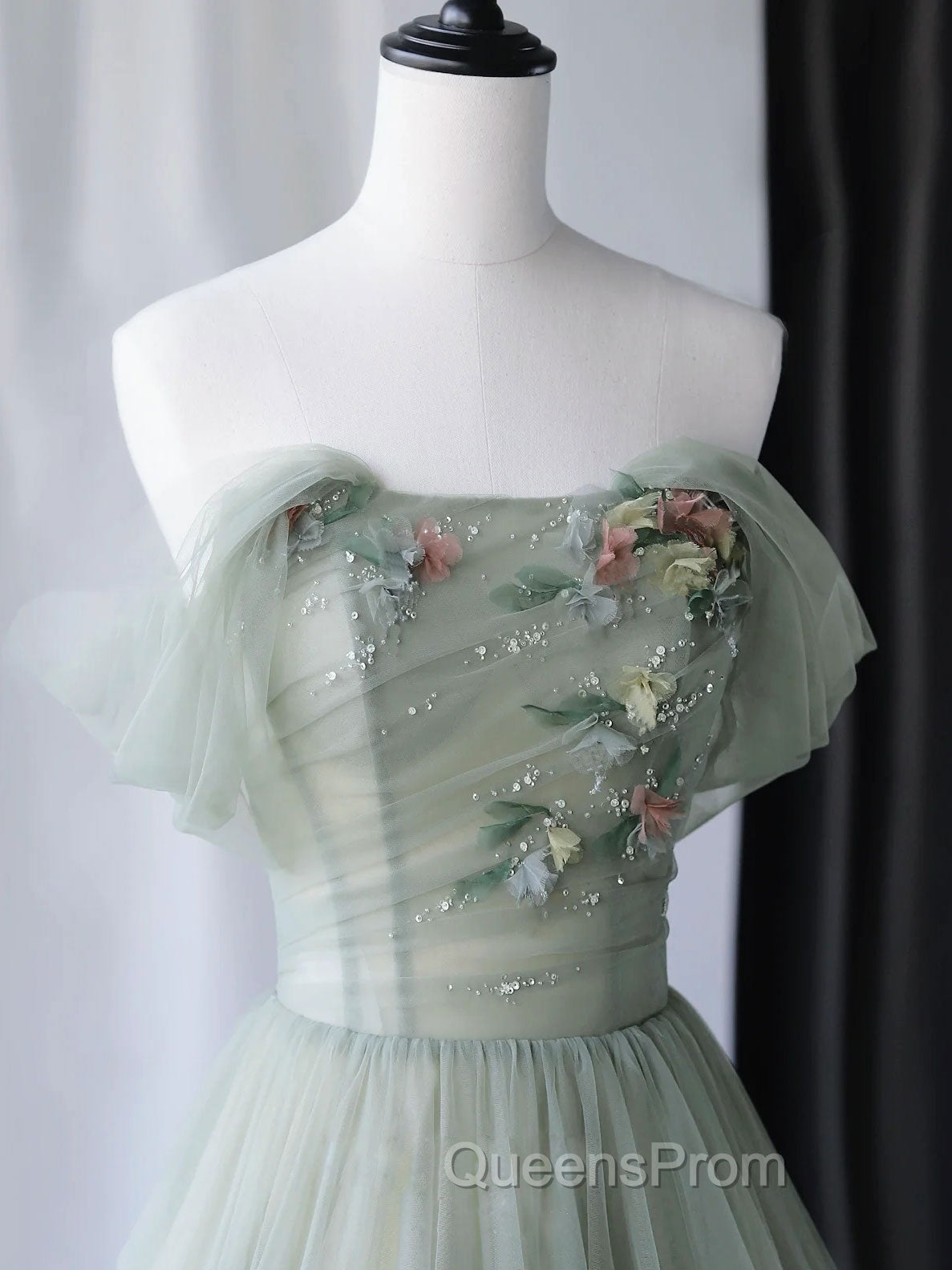 Gray Green Tulle Off Shoulder Long Evening Prom Dress, Gray Green Evening Graduation Dress