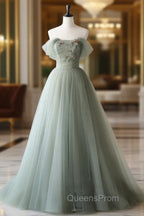 Gray Green Tulle Off Shoulder Long Evening Prom Dress, Gray Green Evening Graduation Dress