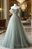 Gray Green Tulle Off Shoulder Long Evening Prom Dress, Gray Green Evening Graduation Dress