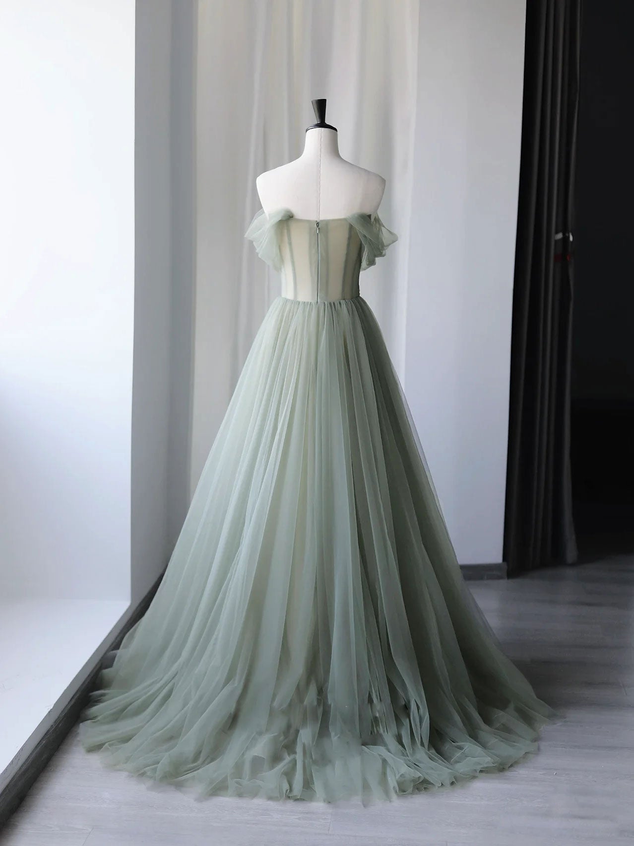 Gray Green Tulle Off Shoulder Long Classy Prom Dress, Gray Green Classy Graduation Dress Secondary image