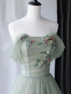 Gray Green Tulle Off Shoulder Long Classy Prom Dress, Gray Green Classy Graduation Dress