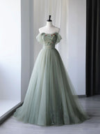 Gray Green Tulle Off Shoulder Long Classy Prom Dress, Gray Green Classy Graduation Dress