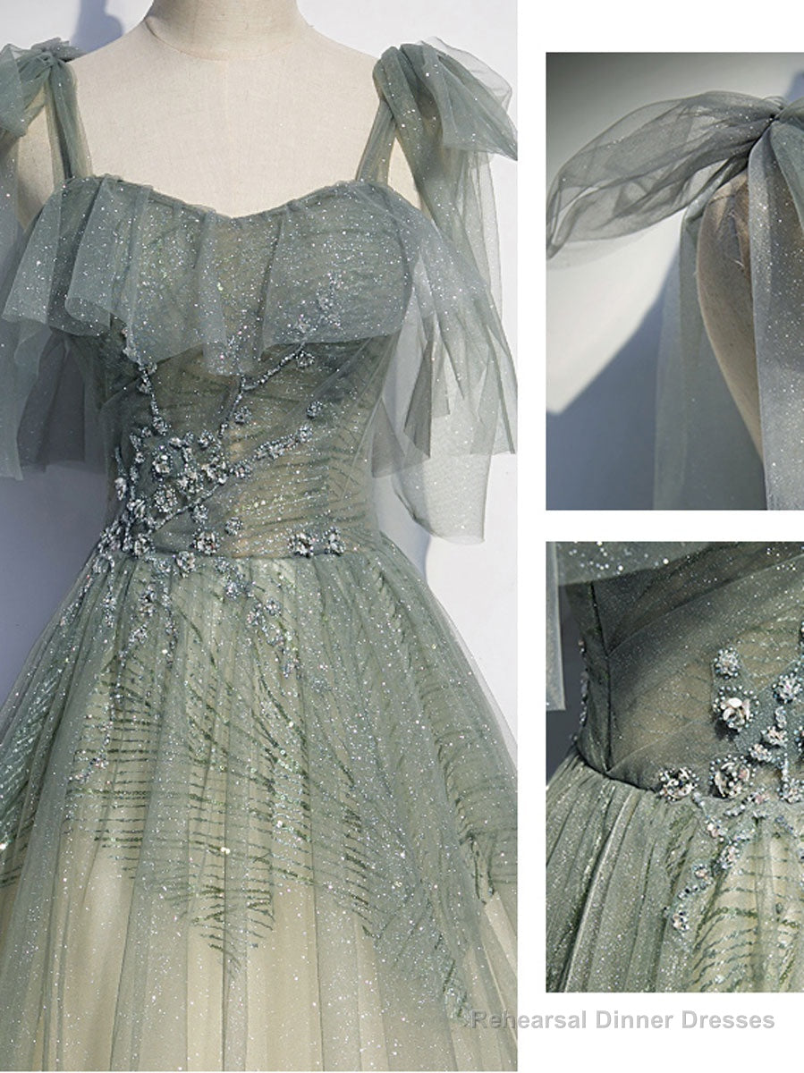 Gray Green Tulle Sequin Beads Long Prom Dress, Green Evening Dress Main image