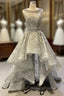 Gray  Embroidery Backless Pearls Short Evening Prom Dress