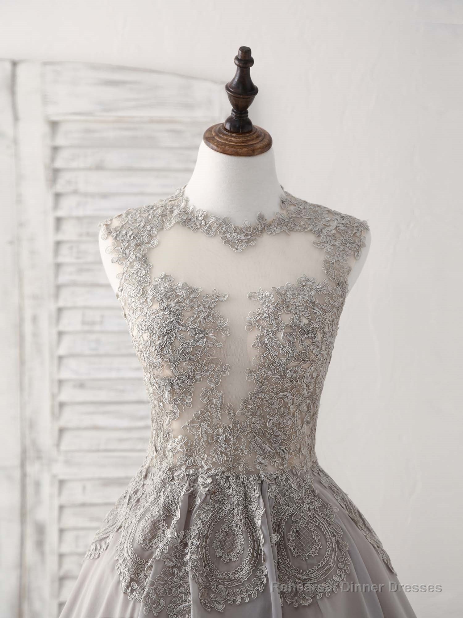 Gray High Neck Lace Chiffon Short Prom Dress Gray Bridesmaid Dress