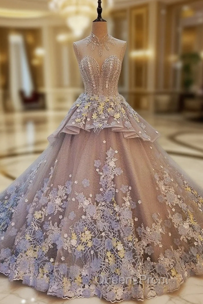 Gray High Neck Tulle Appliques Backless Wedding Dress