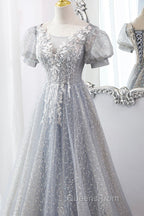 Gray Lace Long A-Line Evening Prom Dress with Sequins, Cute Short Sleeve Evening Dress