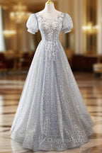 Gray Lace Long A-Line Evening Prom Dress with Sequins, Cute Short Sleeve Evening Dress