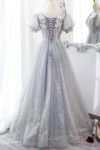 Gray Lace Long A-Line Evening Prom Dress with Sequins, Cute Short Sleeve Evening Dress