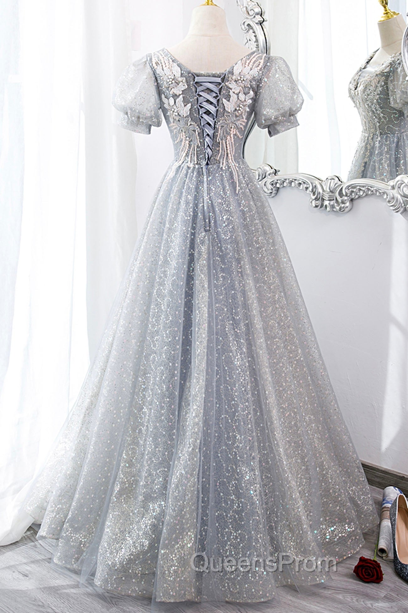 Gray Lace Long A-Line Evening Prom Dress with Sequins, Cute Short Sleeve Evening Dress