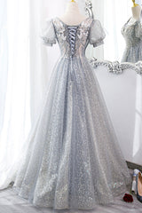 Gray Lace Long A-Line Prom Dress with Sequins, Cute Short Sleeve Evening Dress