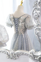 Gray Lace Long A-Line Evening Prom Dress with Sequins, Cute Short Sleeve Evening Dress