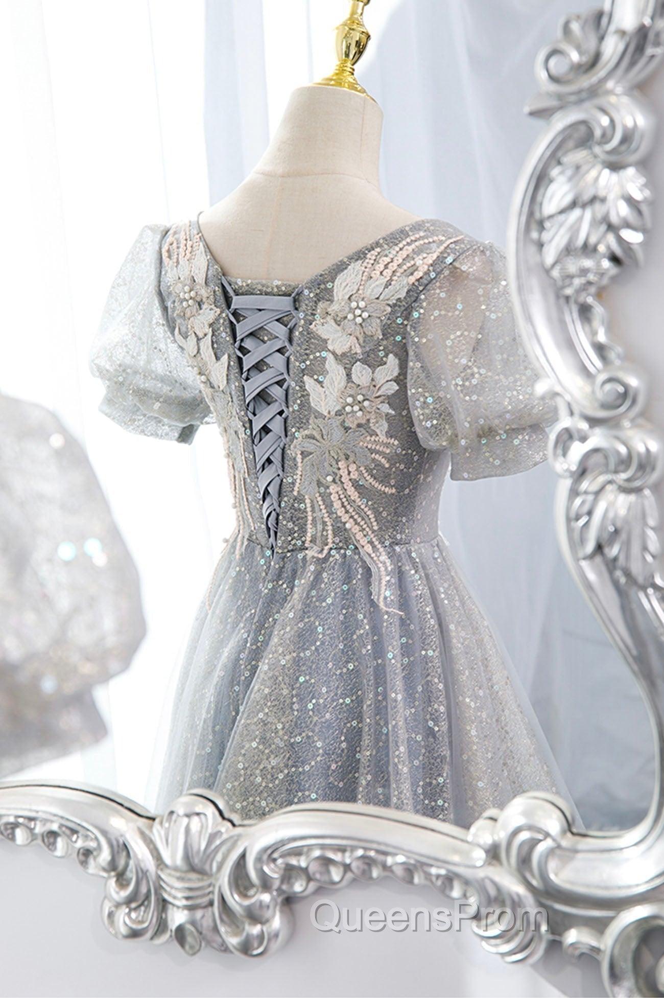 Gray Lace Long A-Line Evening Prom Dress with Sequins, Cute Short Sleeve Evening Dress