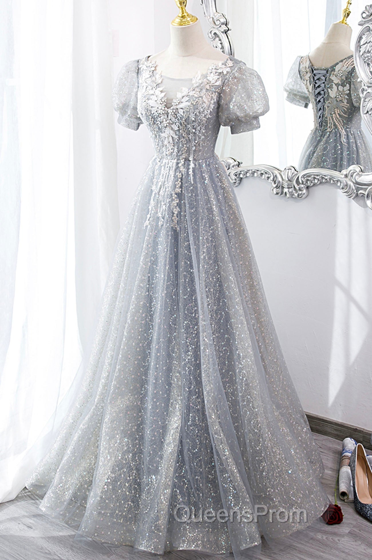 Gray Lace Long A-Line Evening Prom Dress with Sequins, Cute Short Sleeve Evening Dress
